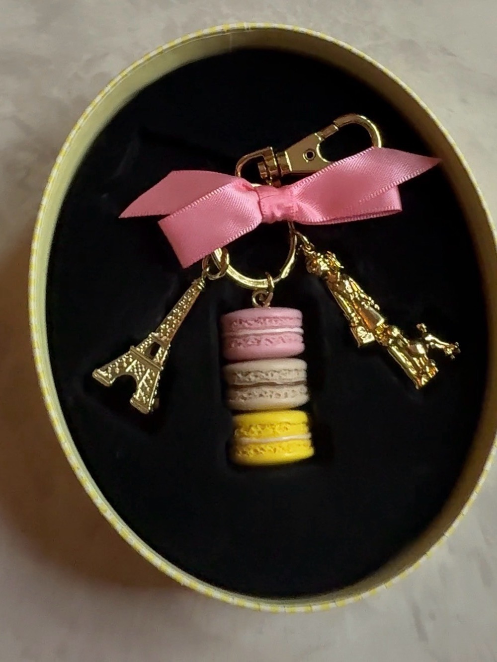 LADURÉE Pink Ribbon Macaron Charm Keychain gift box NWOT